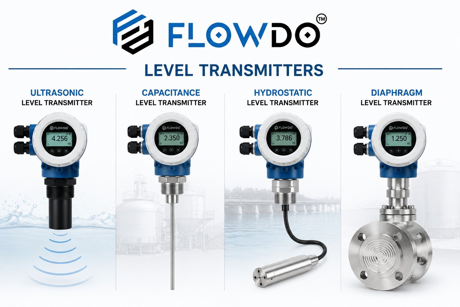 FlowDo Level Transmitter model configurations including a hydrostatic configuration