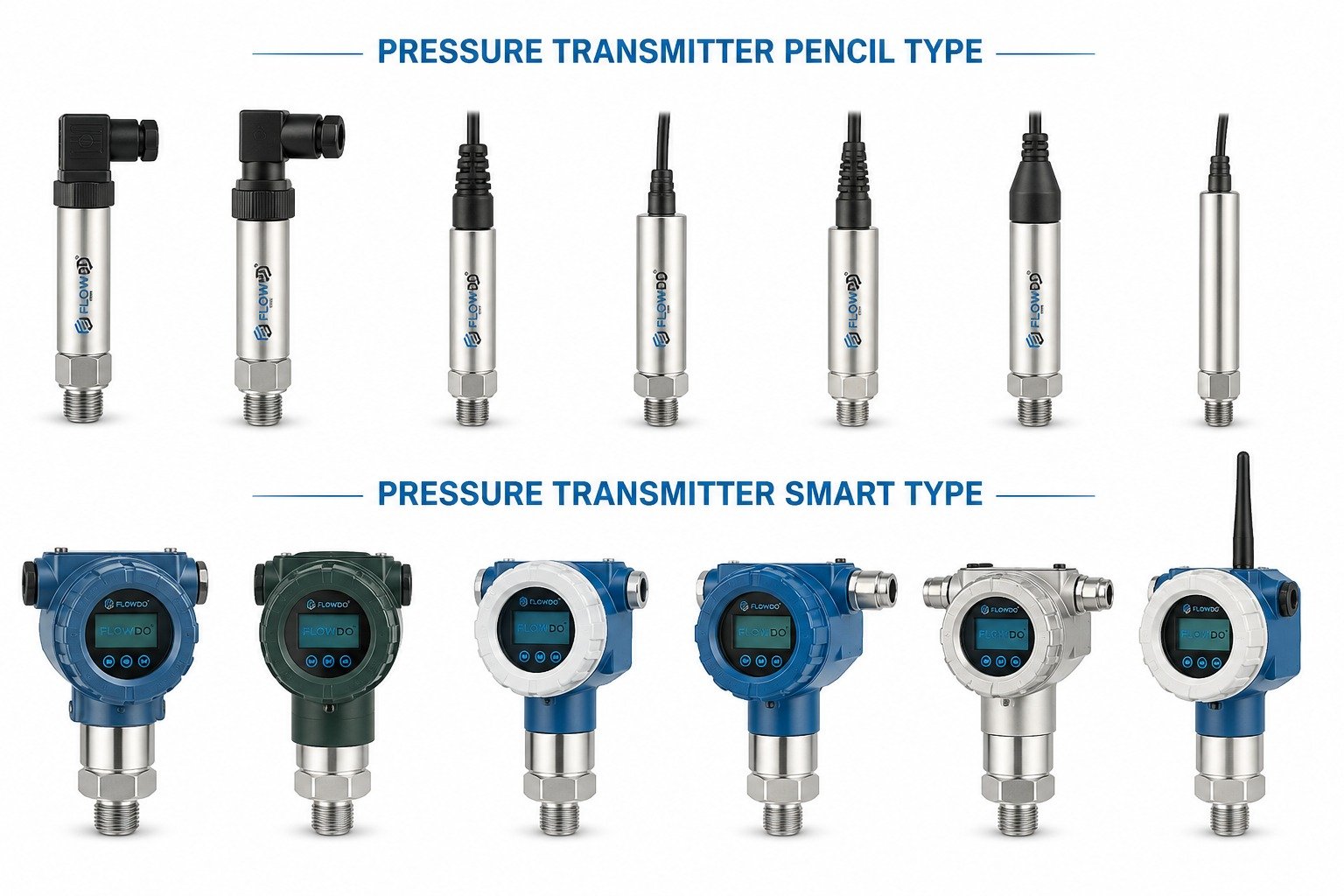 FlowDo pressure transmitter catalogue showing pencil-type configurations
